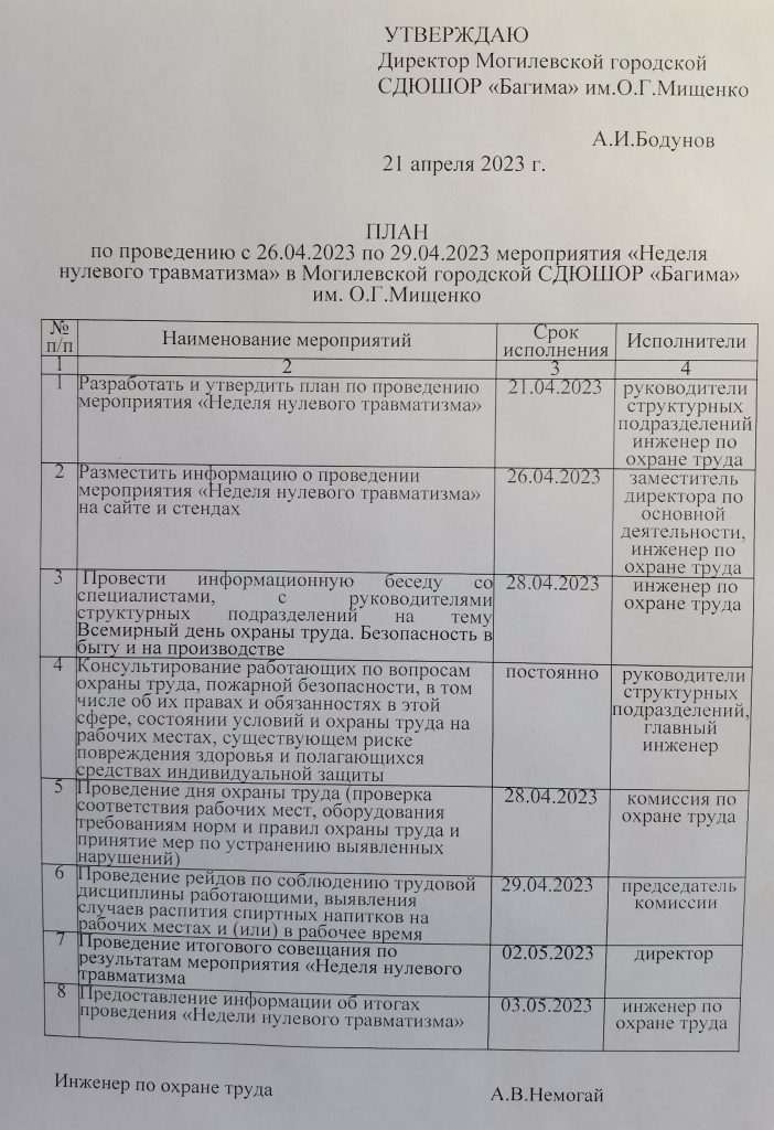 МЕРОПРИЯТИЯ "НЕДЕЛЯ НУЛЕВОГО ТРАВМАТИЗМА" В МОГИЛЕВСКОЙ ГОРОДСКОЙ СДЮШОР "БАГИМА" ИМ.О.Г.МИЩЕНКО