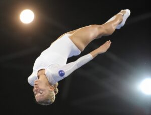 Irina Karavaeva of Russia performs during the women's qualification round of the trampoline gymnastics event at the Beijing 2008 Olympic Games in Beijing on August 16, 2008.    AFP PHOTO / KAZUHIRO NOGI   (Photo credit should read KAZUHIRO NOGI/AFP/Getty Images)